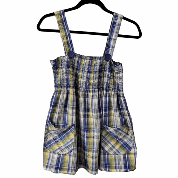 Blue and Yellow Plaid Vintage Tube Tank Top Sz Lg Front pockets - Picture 1 of 8